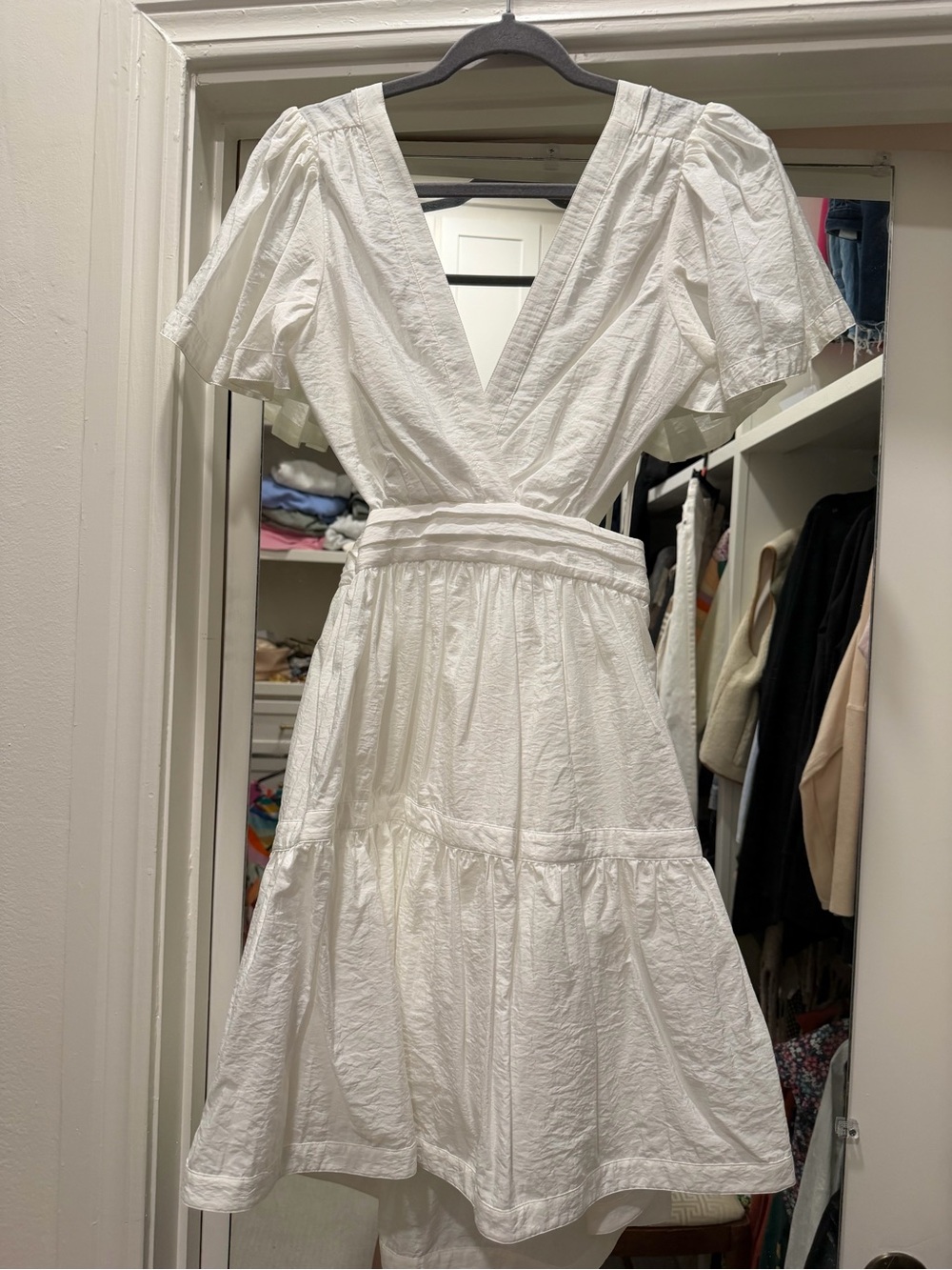 Cinq a Cept White V-Neck Tiered Mini dress with cutouts